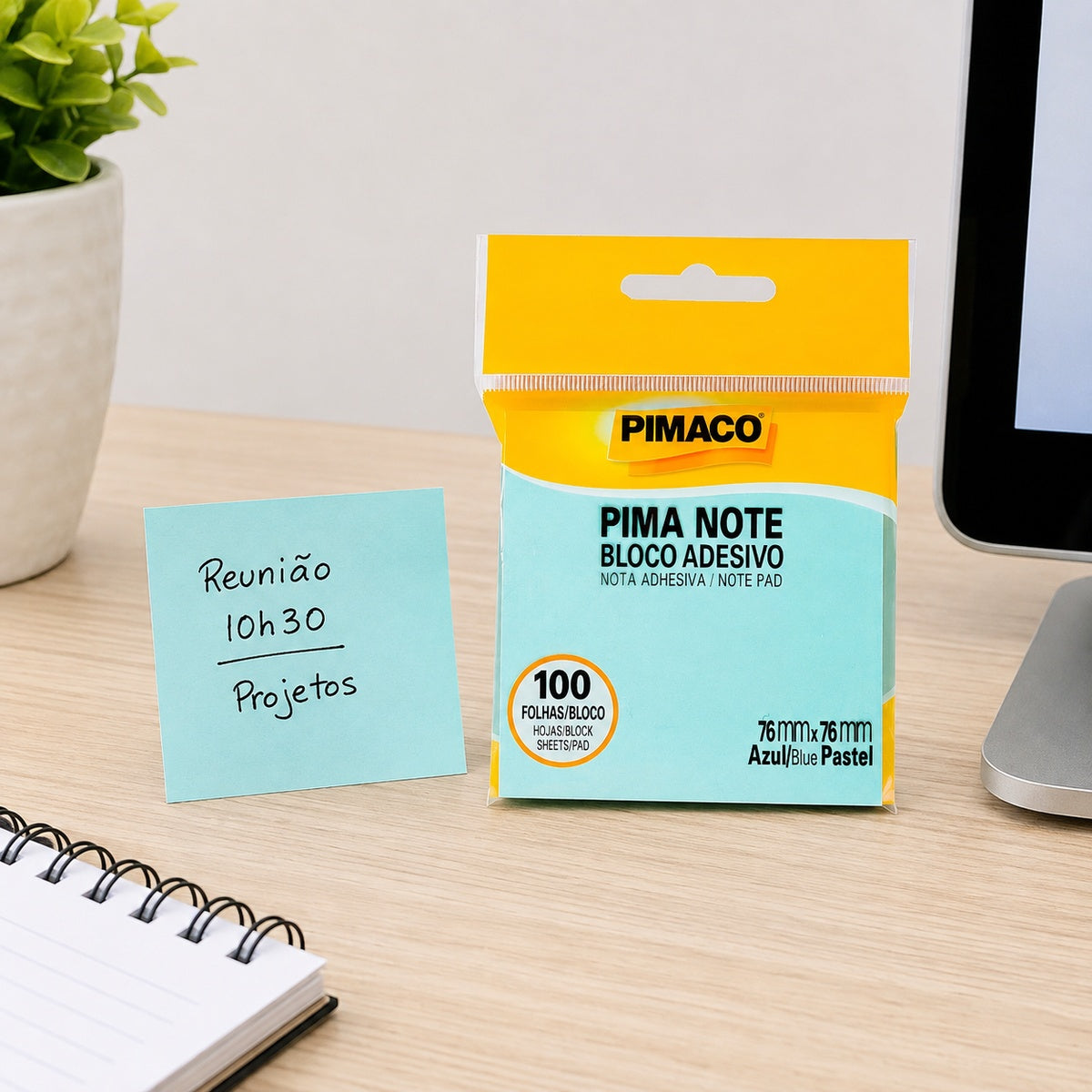 Bloco Adesivo Pima Note Azul Pastel 76x76mm com 100 Folhas para Recados e Lembretes - Pimaco