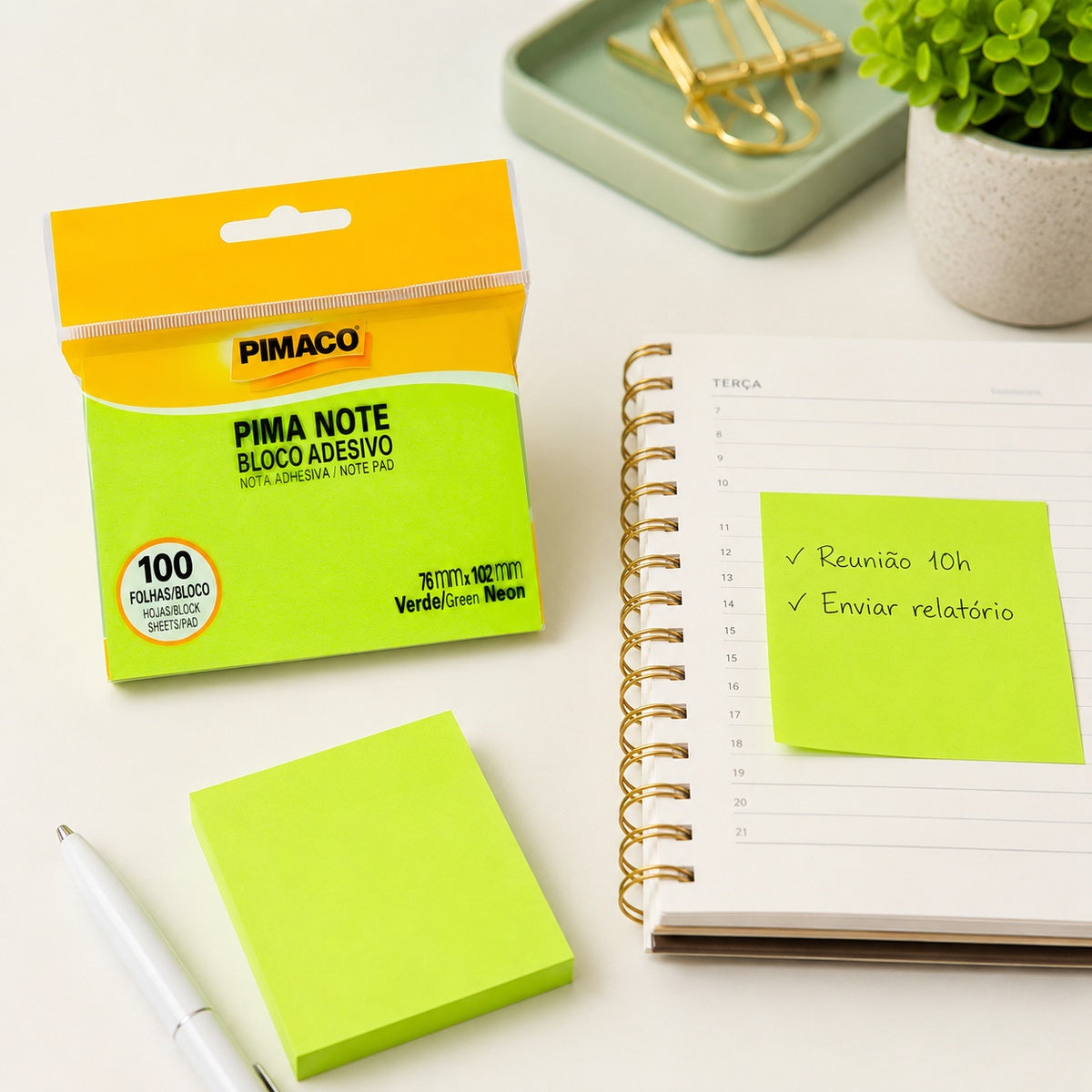 Bloco Adesivo Pima Note Verde Neon 76x102mm com 100 Folhas para Recados e Lembretes - Pimaco