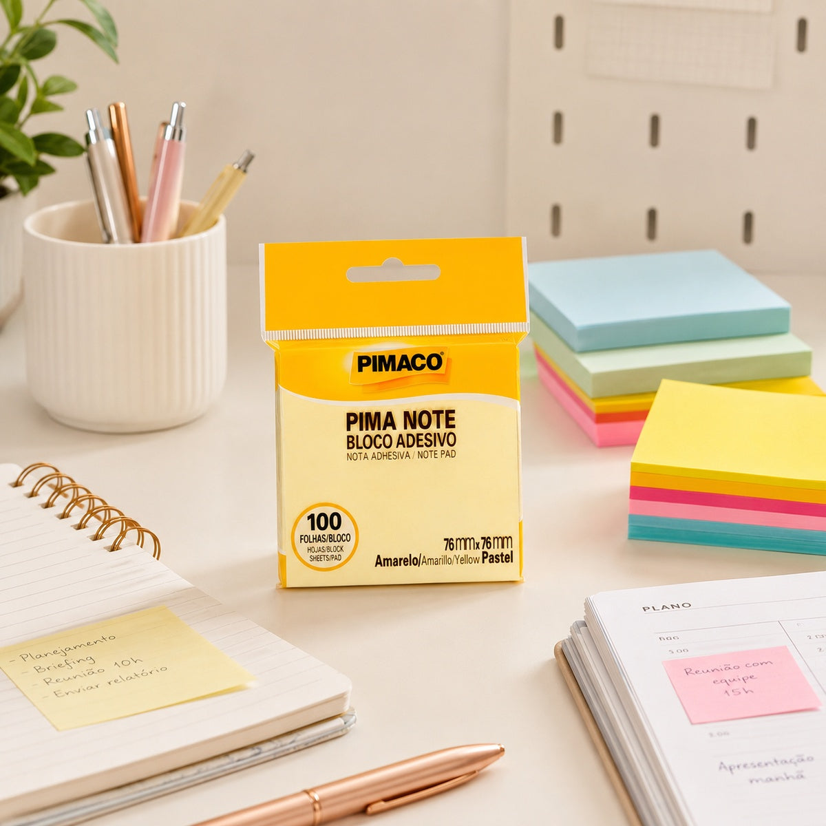 Bloco Adesivo Pima Note Amarelo Pastel 76x76mm com 100 Folhas para Recados e Lembretes - Pimaco