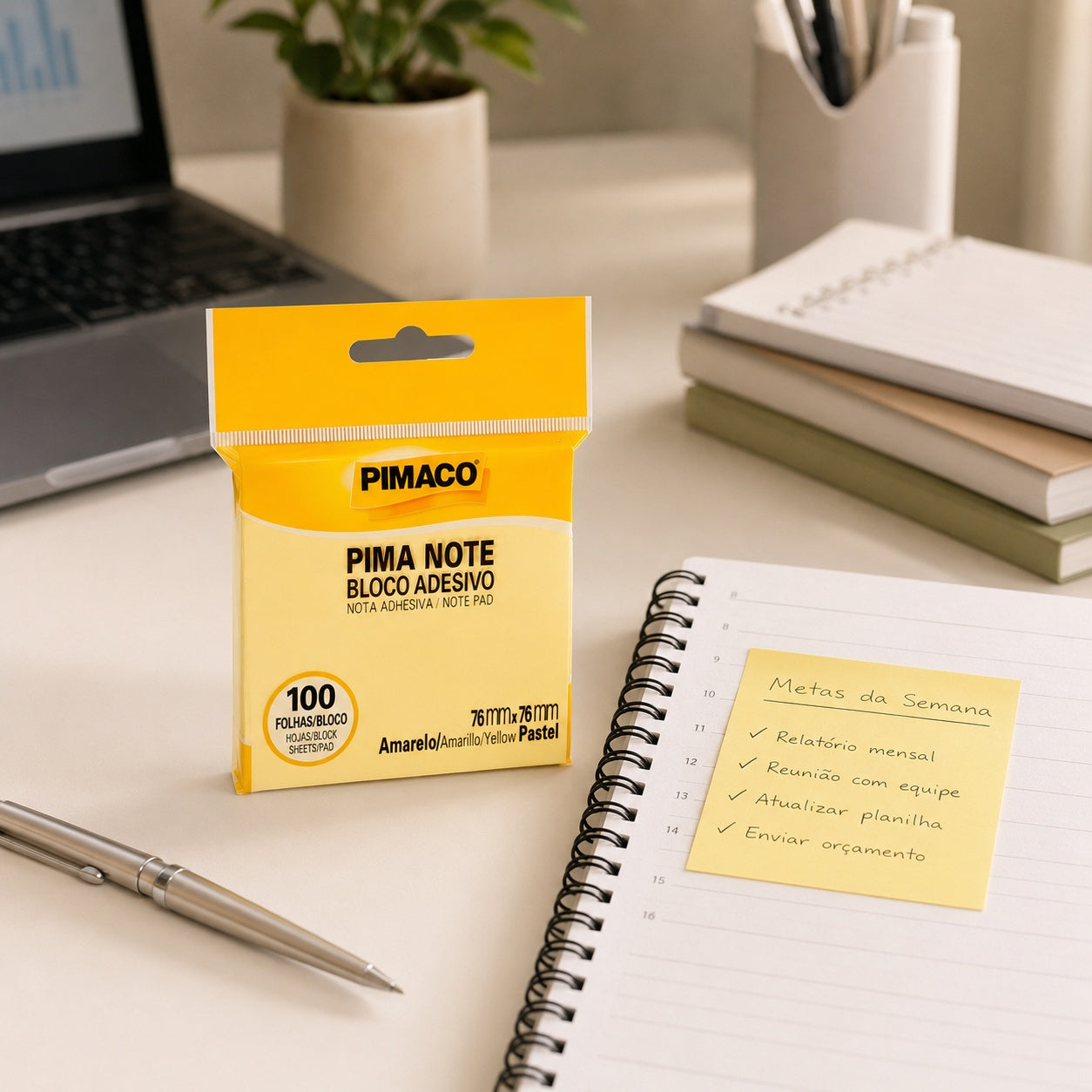 Bloco Adesivo Pima Note Amarelo Pastel 76x76mm com 100 Folhas para Recados e Lembretes - Pimaco