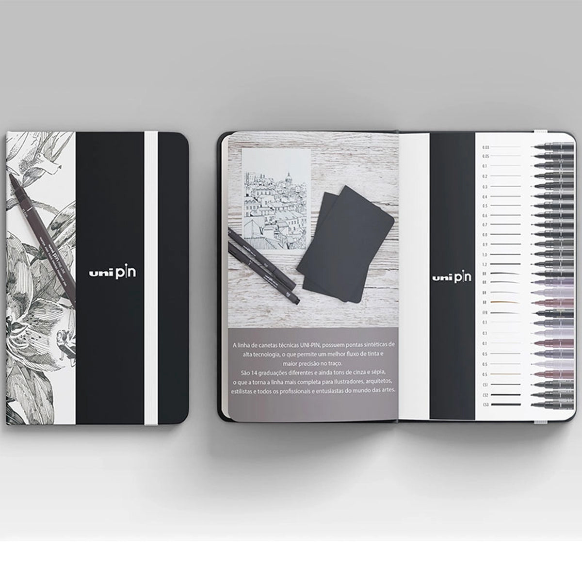 Kit com 5 Canetas Pin Sortido e Caderno para Desenho Sketchbook