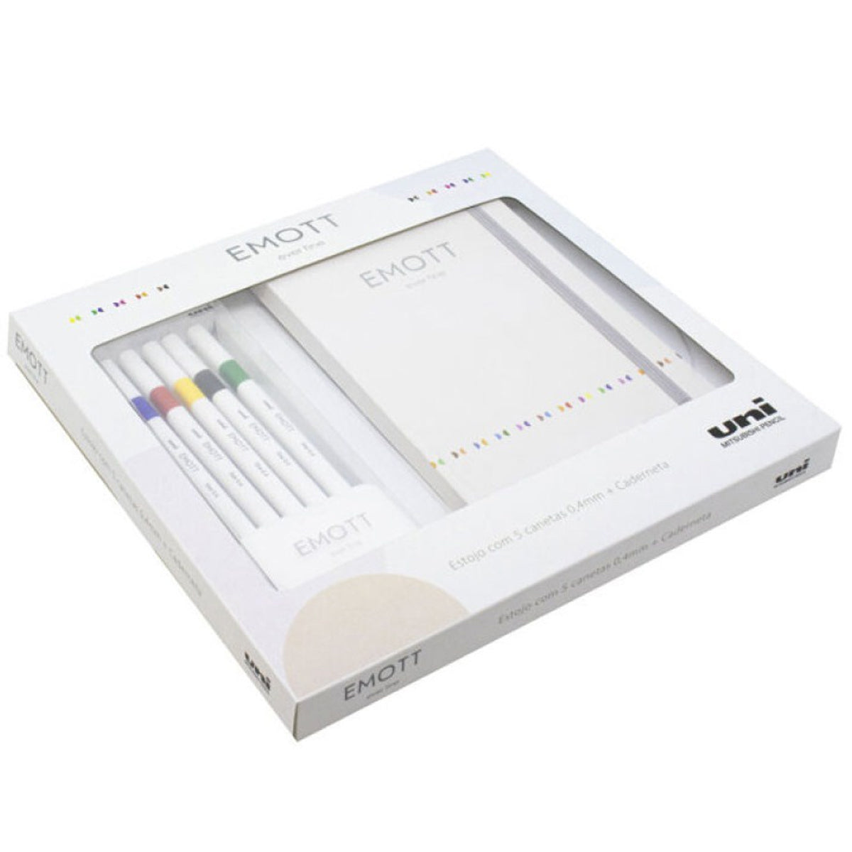 Kit com 5 Canetas Emott Sortidas e Sketchbook Uniball