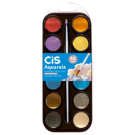 Estojo de Tinta Aquarela Pastilha com 12 Cores e Pincel - Metalica - Cis