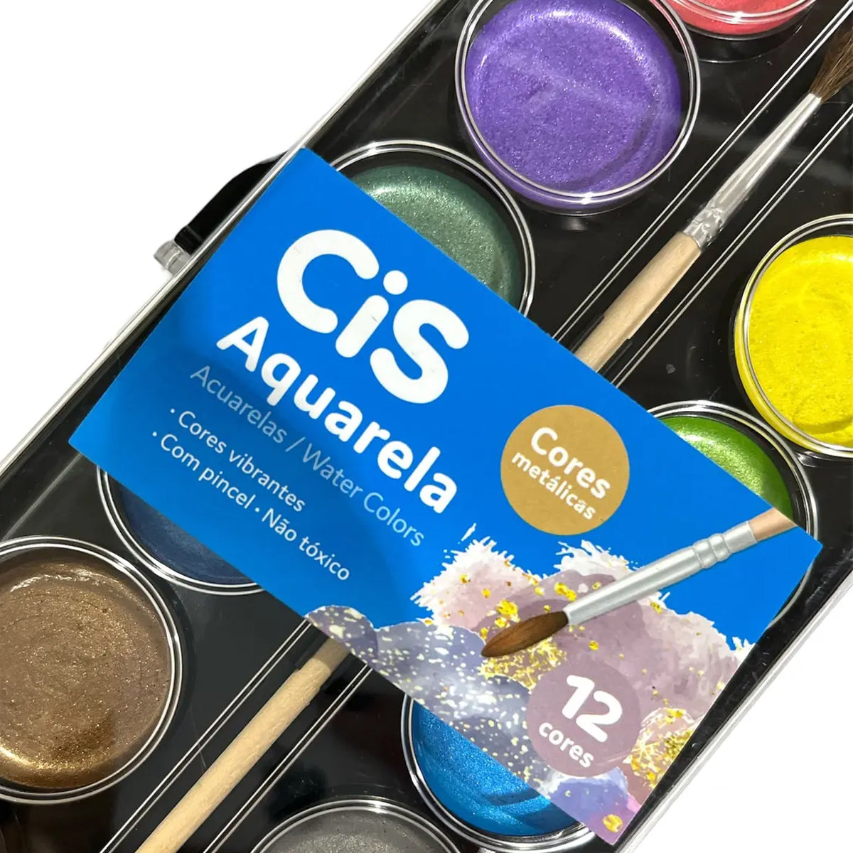 Estojo de Tinta Aquarela Pastilha com 12 Cores e Pincel - Metalica - Cis