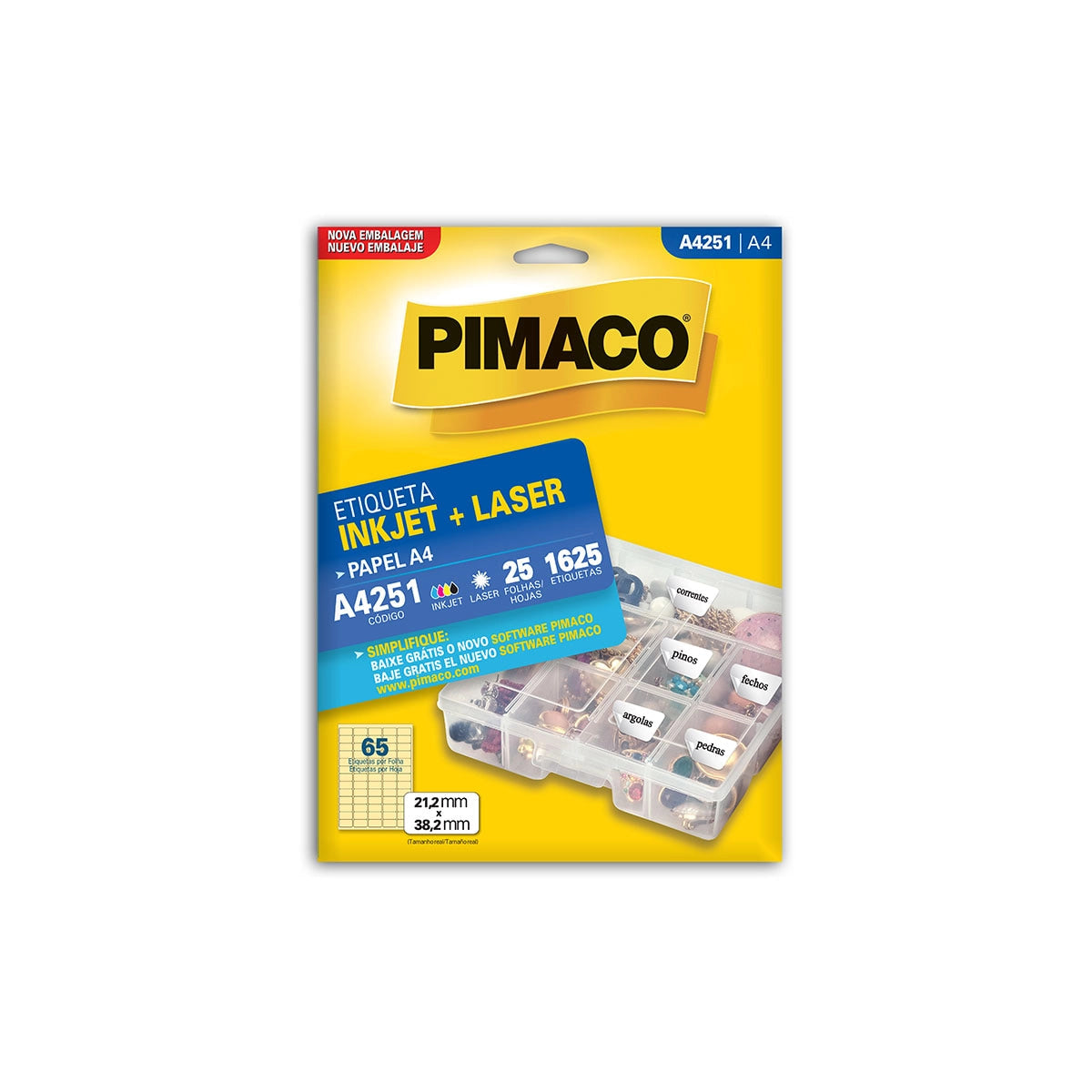 Etiqueta Inkjet e Laser A4251 A4 21,2x38,2mm com 1625 Etiquetas para Impressão e Identificação - Pimaco