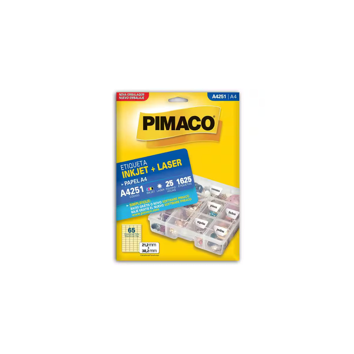 Etiqueta Inkjet e Laser A4251 A4 21,2x38,2mm com 1625 Etiquetas para Impressão e Identificação - Pimaco