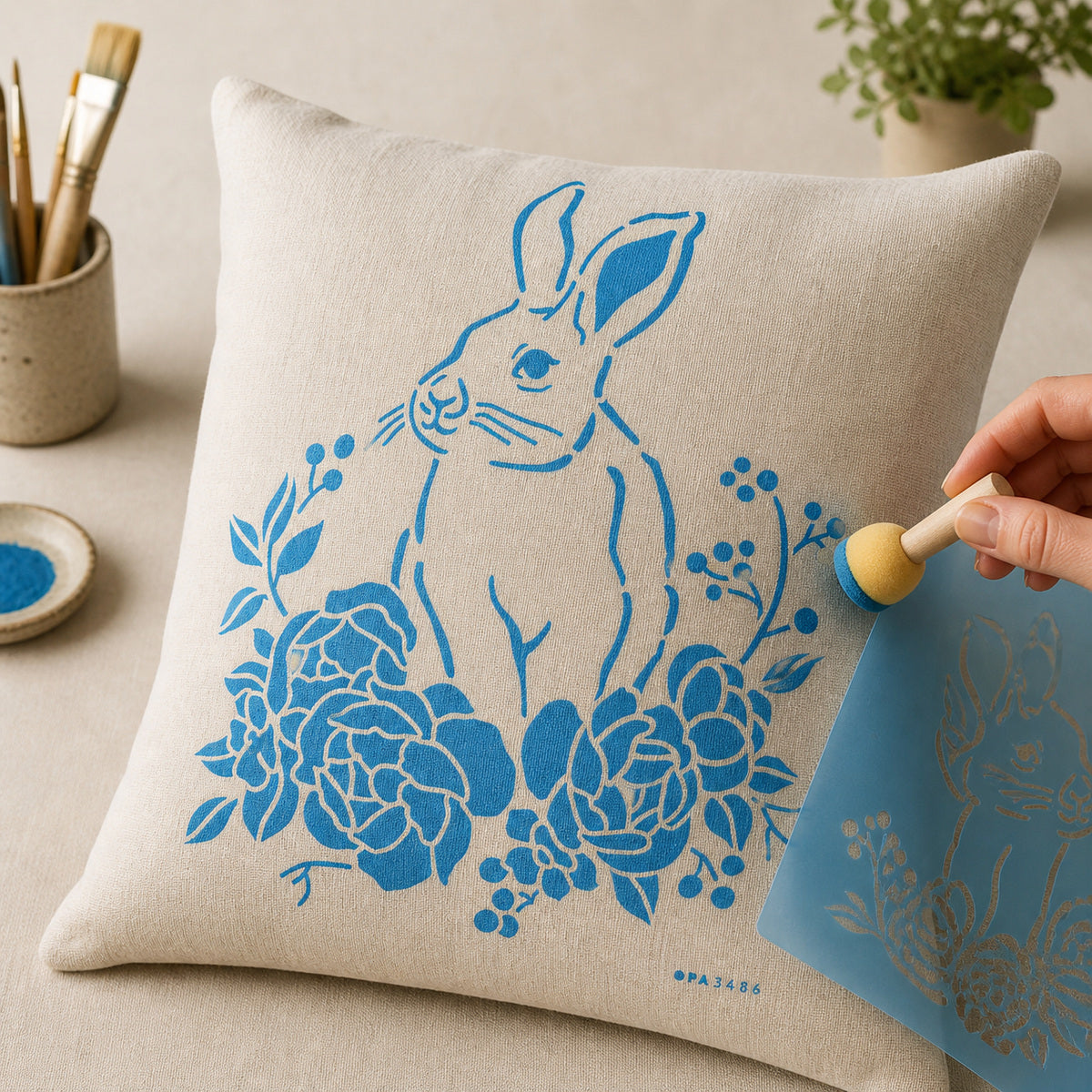 Stencil Coelhos e Flores 20x25cm para Pintura Decorativa e Artesanato 3486 - Opa