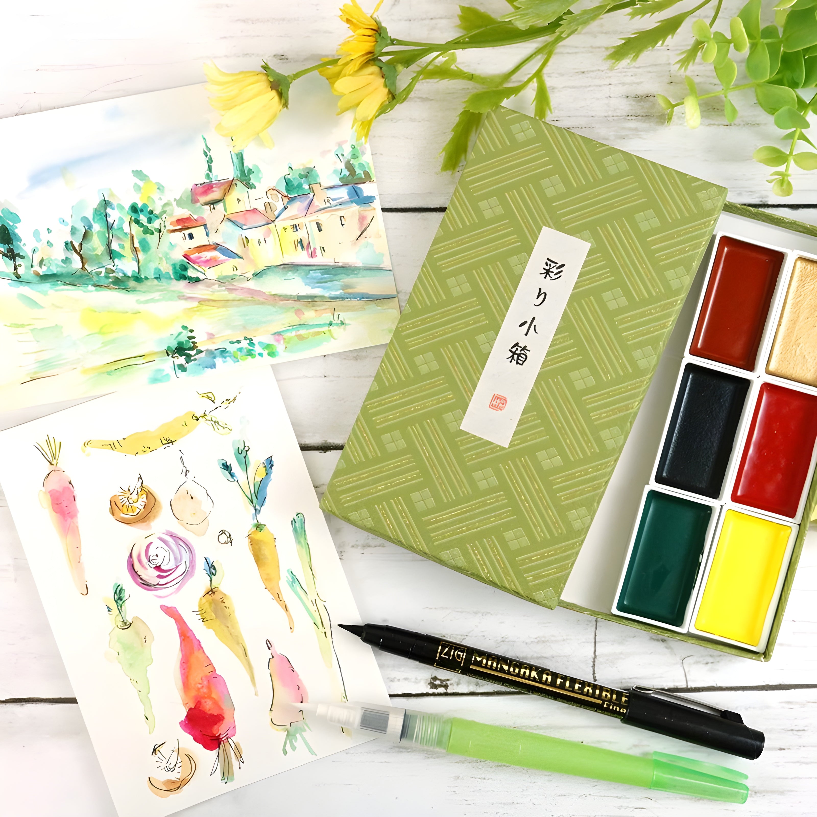 Estojo Tinta Aquarela Kuretake Pastilha Gansai Tambi Kobako Green com 3 Cores