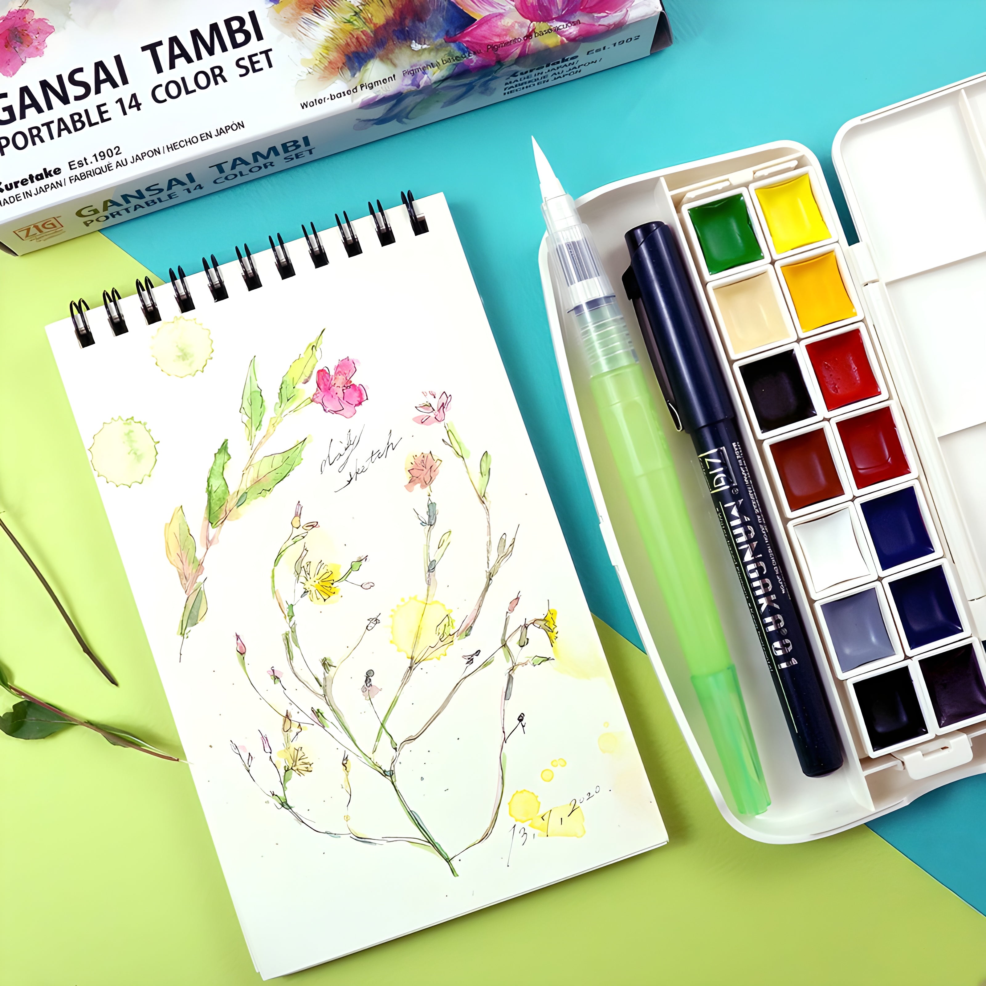 Estojo Tinta Aquarela Kuretake Pastilha Gansai Tambi Portable com 14 Cores
