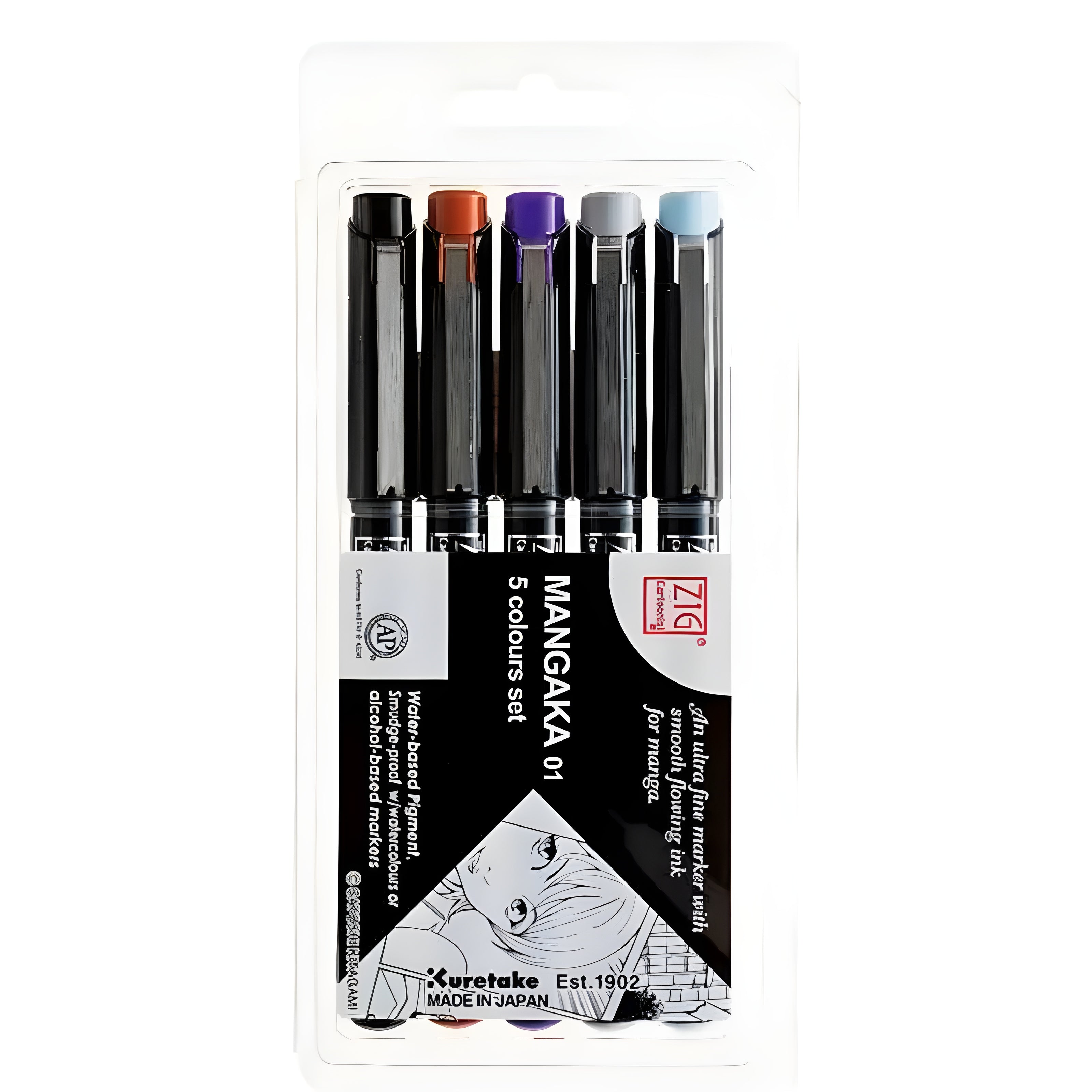 Kit Caneta Nanquim Kuretake Zig Mangaka com 5 Cores