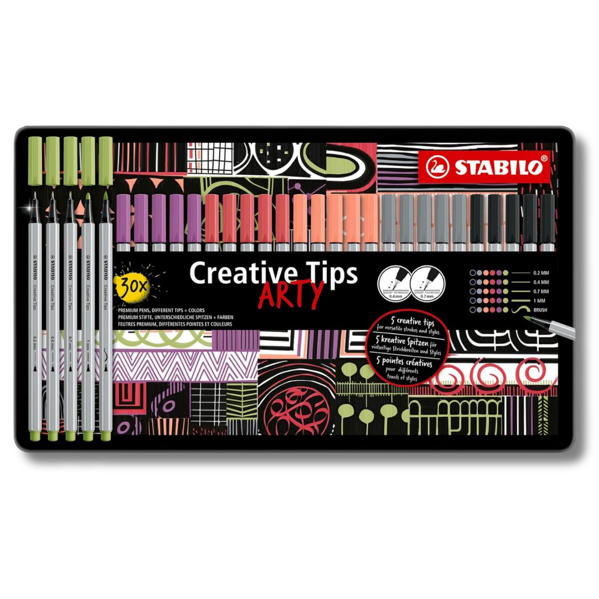 Caneta Multiuso Stabilo Creative Tips Arty Graduado Estojo em Lata com 30 Cores Pastel
