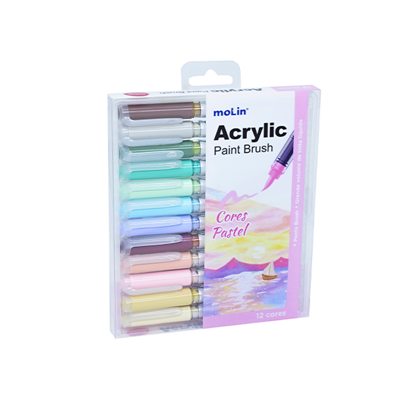 Estojo Marcador Acrylic Paint Brush com 12 Cores Pastéis - Molin