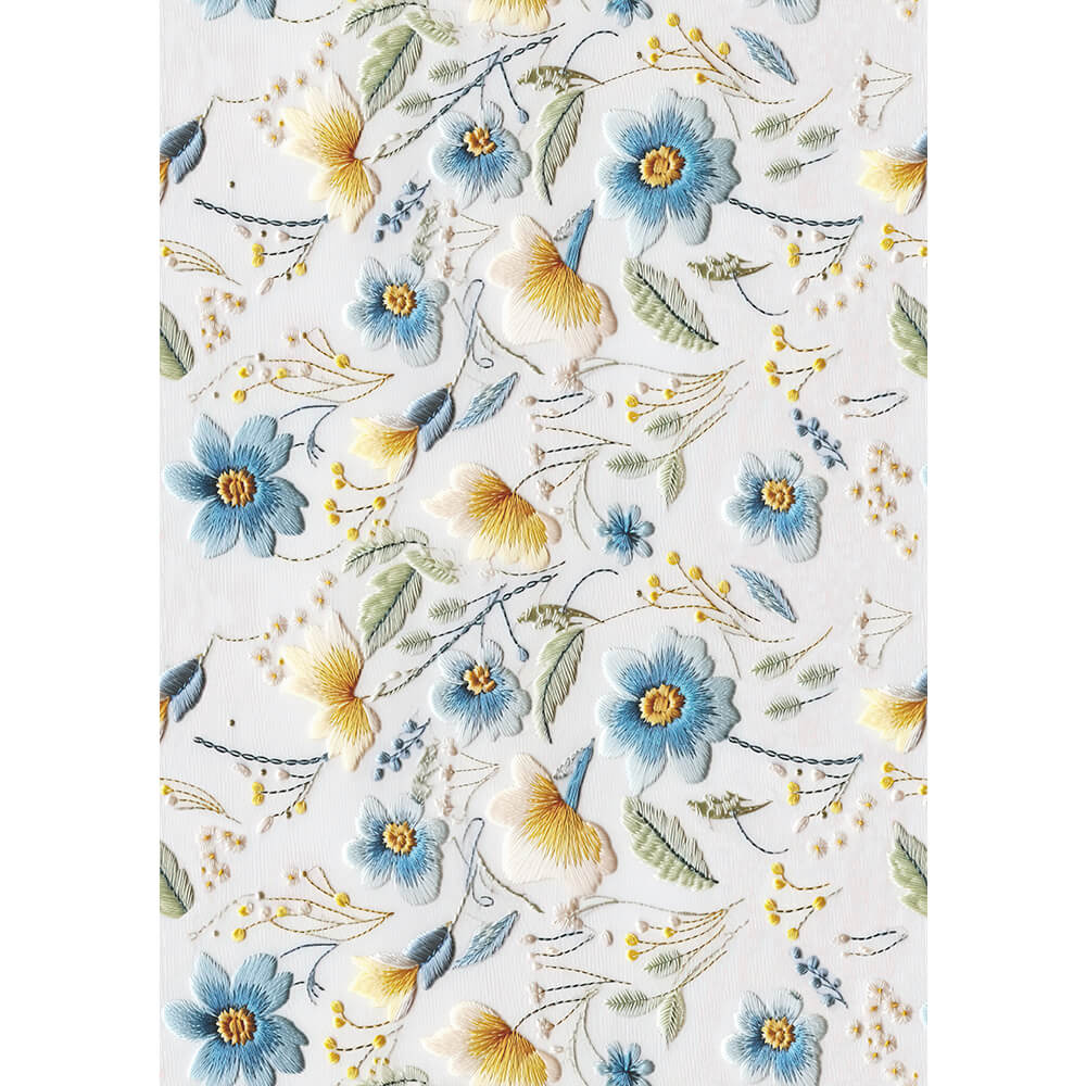 Estampa Adesiva Flores Azuis e Amarela Costura 32x45cm para Artesanato e Scrapbook Esta-012 - Litoarte