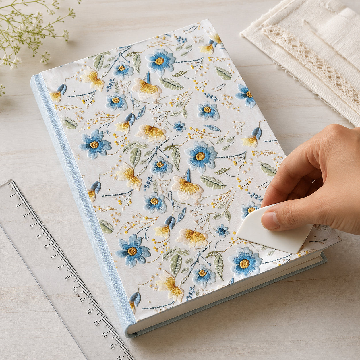 Estampa Adesiva Flores Azuis e Amarela Costura 32x45cm para Artesanato e Scrapbook Esta-012 - Litoarte