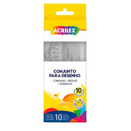 Kit Geométrico Escolar com Régua, Esquadros, Compasso e Lapiseira 10 Peças