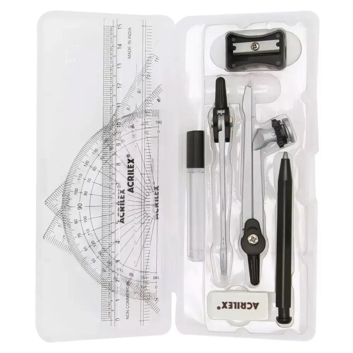 Kit Geométrico Escolar com Régua, Esquadros, Compasso e Lapiseira 10 Peças - Acrilex