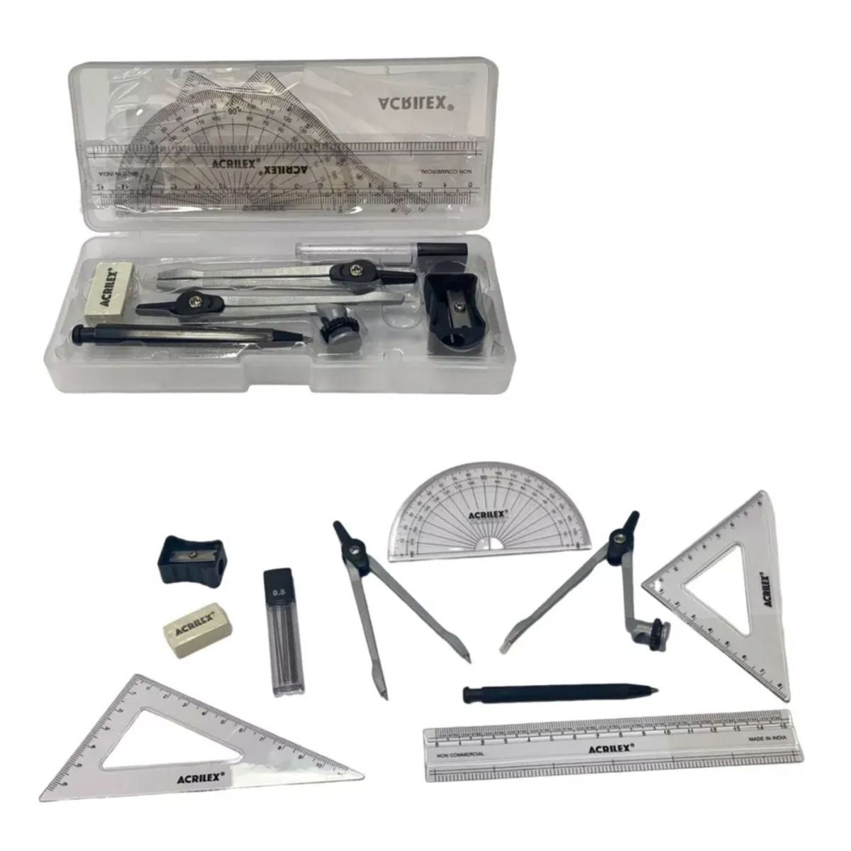 Kit Geométrico Escolar com Régua, Esquadros, Compasso e Lapiseira 10 Peças - Acrilex