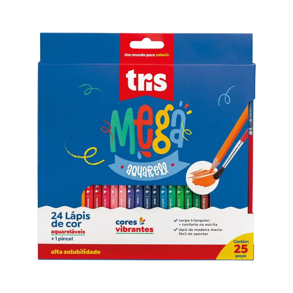 Estojo Lápis de Cor Mega Aquarelável com 24 Cores + Pincel - Tris