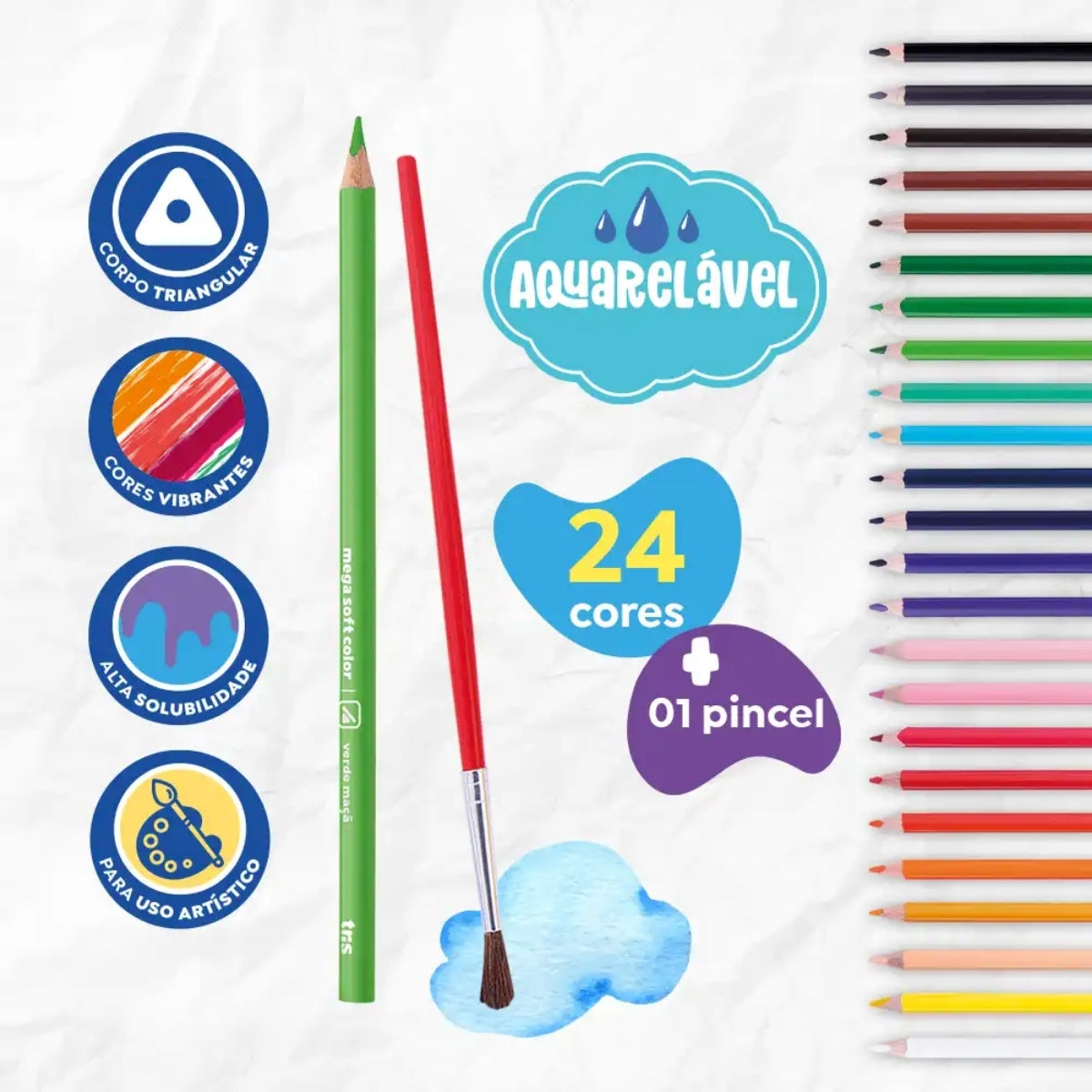 Estojo Lápis de Cor Mega Aquarelável com 24 Cores + Pincel - Tris