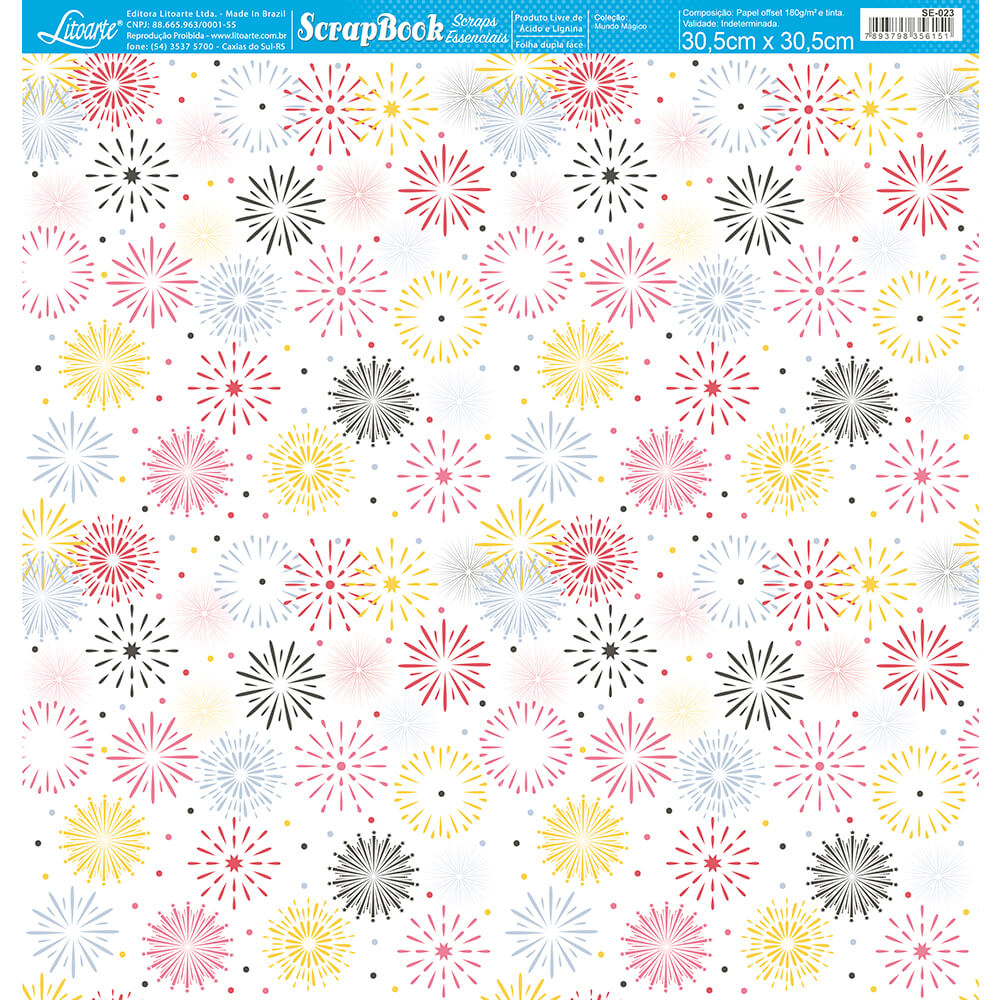 Papel para Scrapbook Essencial Coleção Mundo Magico Fogos 30,5x30,5cm para Scrapbook e Papelaria Criativa Se-023 - Litoarte