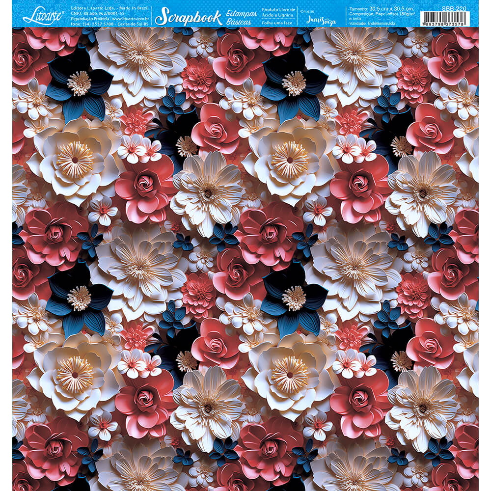 Papel para Scrapbook Estampas Basicas Coleção Floral 3d Flores Coloridas Diversas 30,5x30,5cm para Scrapbook e Papelaria Criativa Sbb-220 - Litoarte