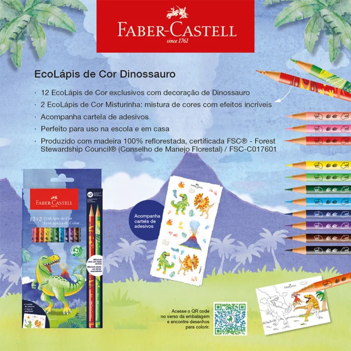 Estojo Lápis de Cor Ecolápis Coleção Dinossauro 12 Cores + 2 Misturinha - Faber-castell 120912+2dino