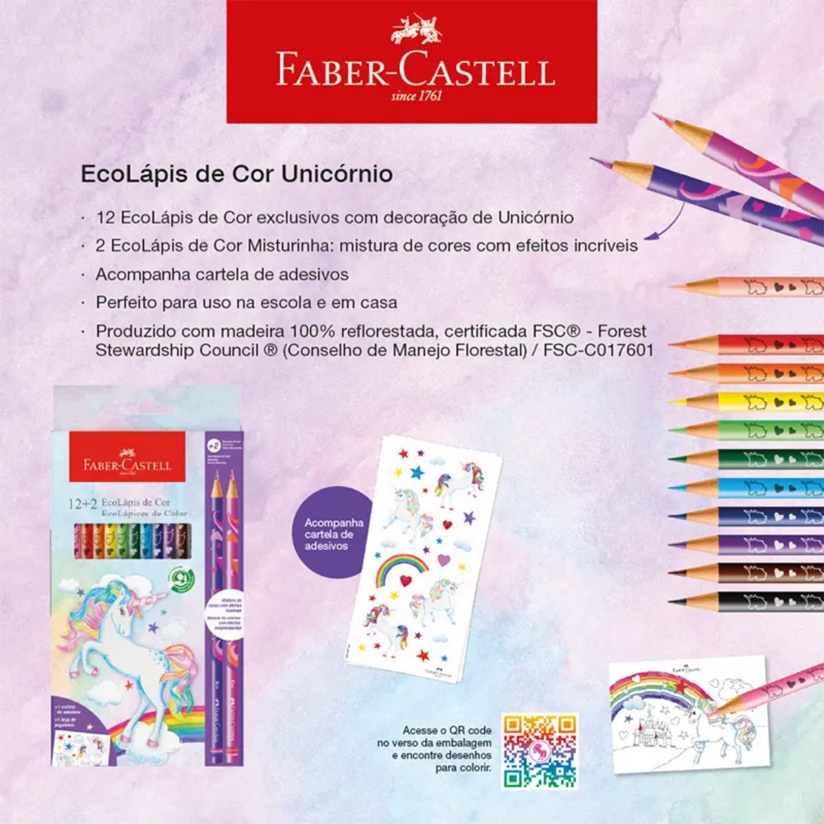 Estojo Lápis de Cor Ecolápis Coleção Unicórnio 12 Cores + 2 Misturinha - Faber-castell 120912+2uni