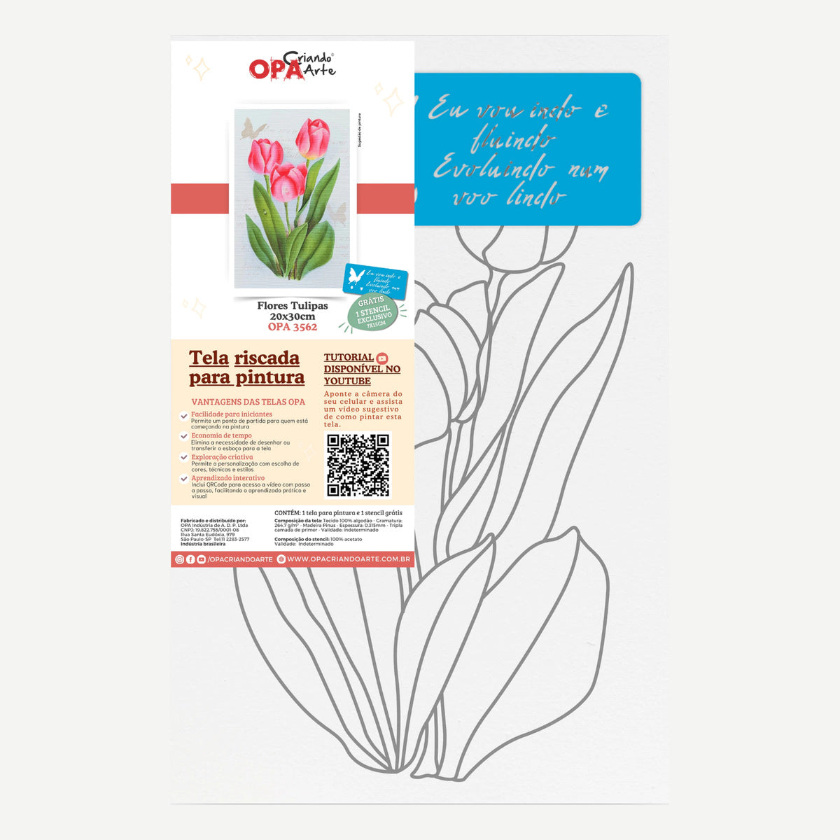 Tela Riscada Flores Tulipas 20x30cm com Stencil 7x15cm para Pintura em Tela e Pintura Decorativa 3562 - Opa