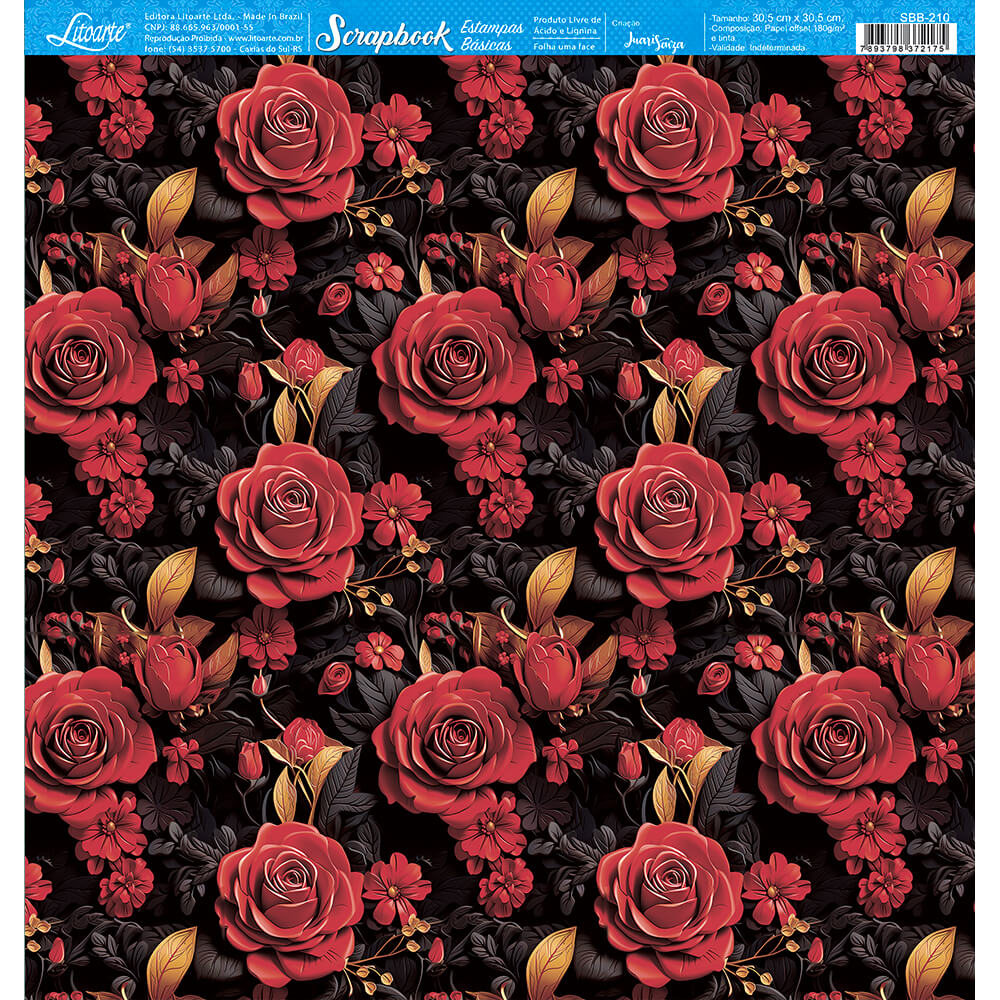 Papel para Scrapbook Estampas Basicas Coleção Floral 3d Flores Vermelhas 30,5x30,5cm para Scrapbook e Papelaria Criativa Sbb-210 - Litoarte