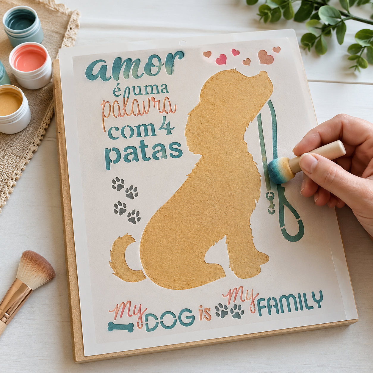 Stencil Coleção Pets Cachorro Amor 4 Patas 17x21cm para Pintura Decorativa e Artesanato Stm-769 - Litoarte