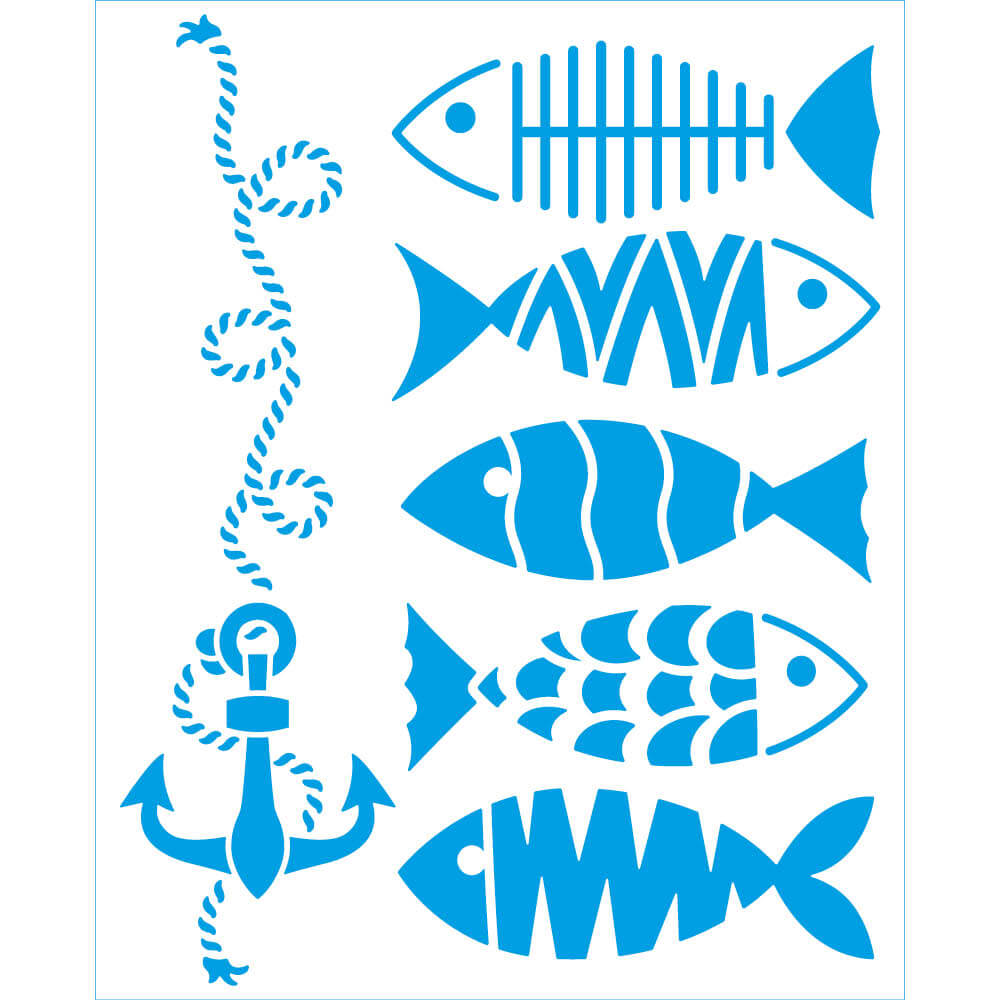 Stencil Peixes e Ancora 17x21cm para Pintura Decorativa e Artesanato Stm-766 - Litoarte