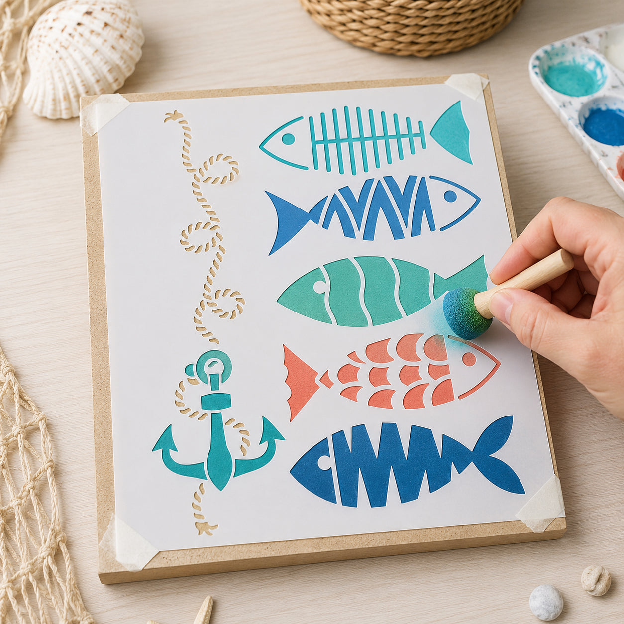 Stencil Peixes e Ancora 17x21cm para Pintura Decorativa e Artesanato Stm-766 - Litoarte