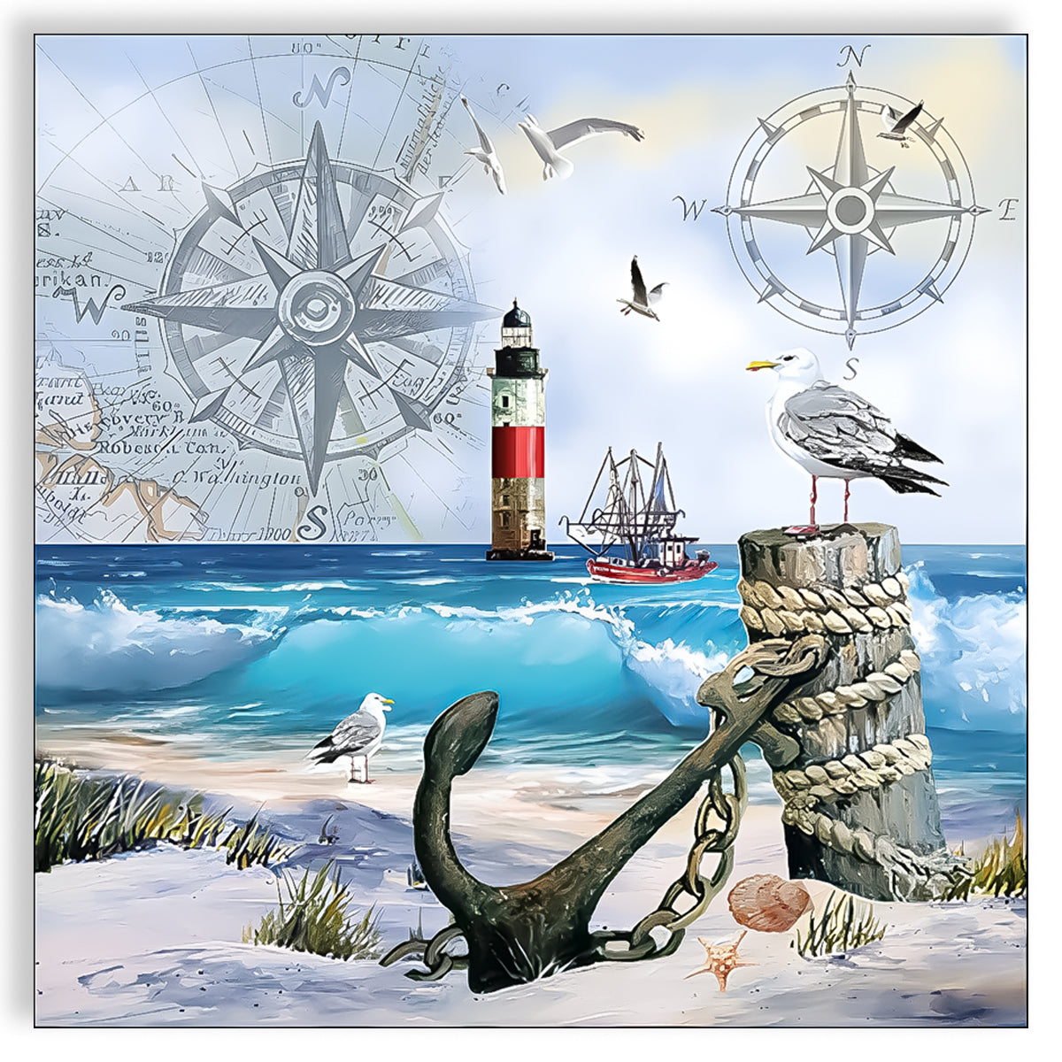 Guardanapo para Decoupage Ambiente 33x33cm com 2 Unidades - Âncora & Gaivotas