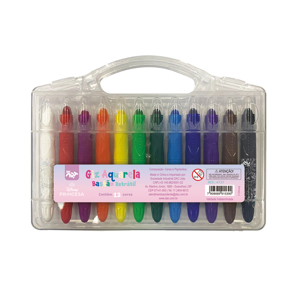 Giz de Cera Retrátil Aquarela com 12 Cores - Princesas Dac - 4737
