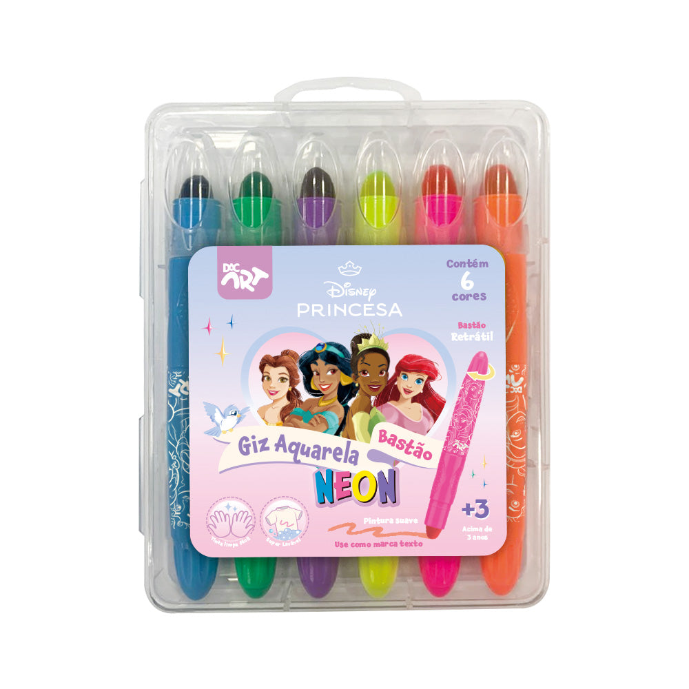 Giz de Cera Retrátil Aquarela Neon com 6 Cores - Princesas Dac - 4733