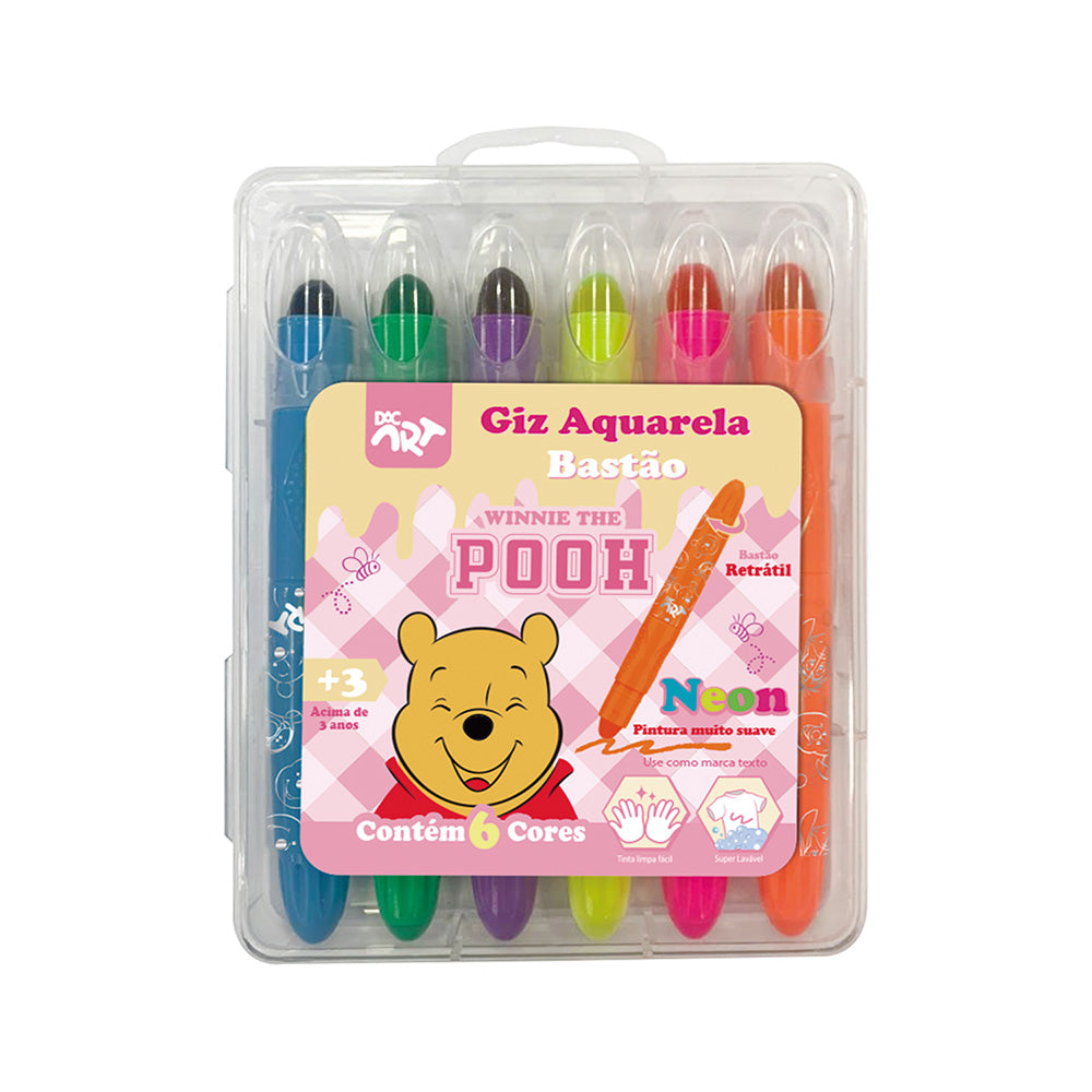 Giz de Cera Retrátil Aquarela Neon com 6 Cores - Pooh Dac - 4732