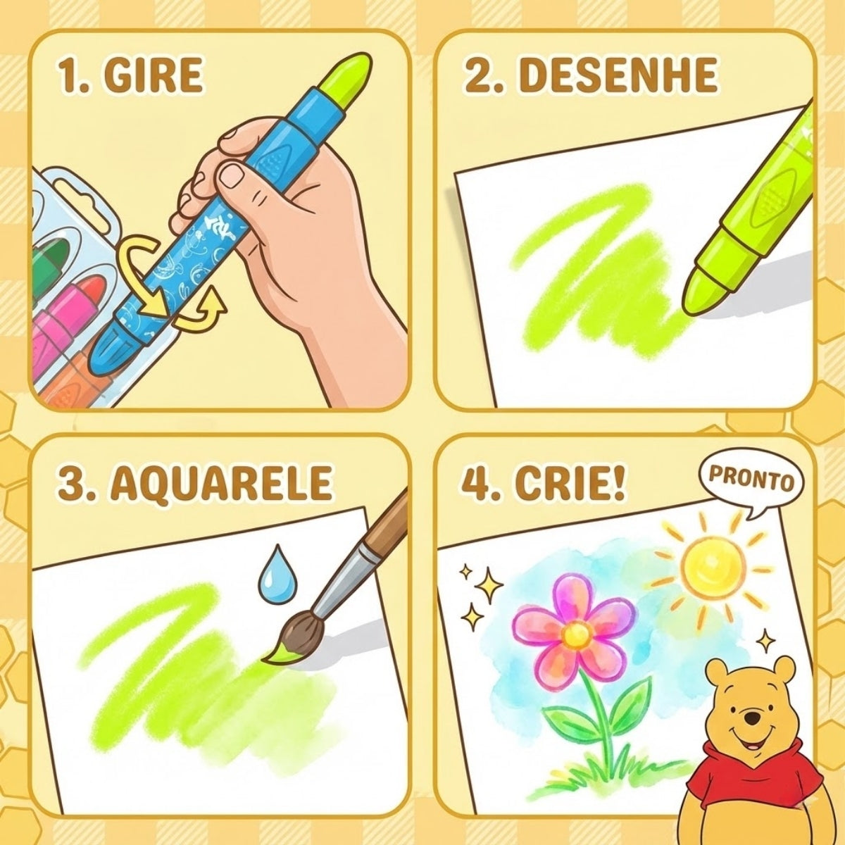 Giz de Cera Retrátil Aquarela Neon com 6 Cores - Pooh Dac - 4732