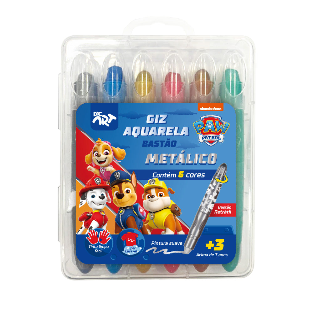 Giz de Cera Retrátil Aquarela Metálica com 6 Cores - Patrulha Canina Fem Dac - 4730