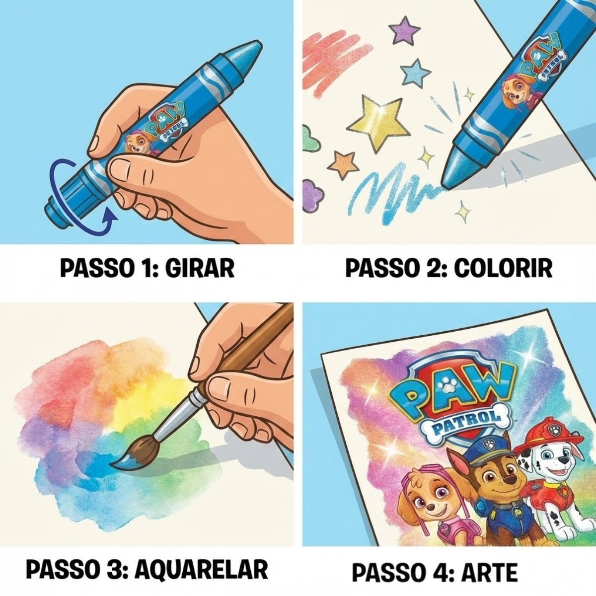 Giz de Cera Retrátil Aquarela Metálica com 6 Cores - Patrulha Canina Fem Dac - 4730