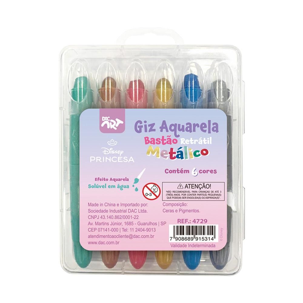 Giz de Cera Retrátil Aquarela Metálica com 6 Cores - Princesas Dac - 4729