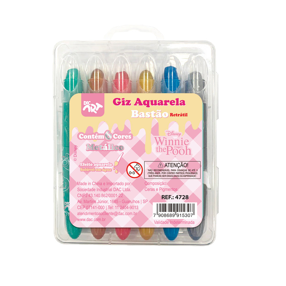 Giz de Cera Retrátil Aquarela Metálica com 6 Cores - Pooh Dac - 4728