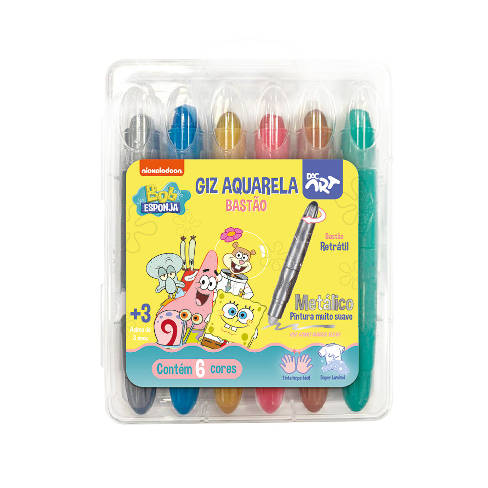 Giz de Cera Retrátil Aquarela Metálica com 6 Cores - Bob Esponja Dac - 4727