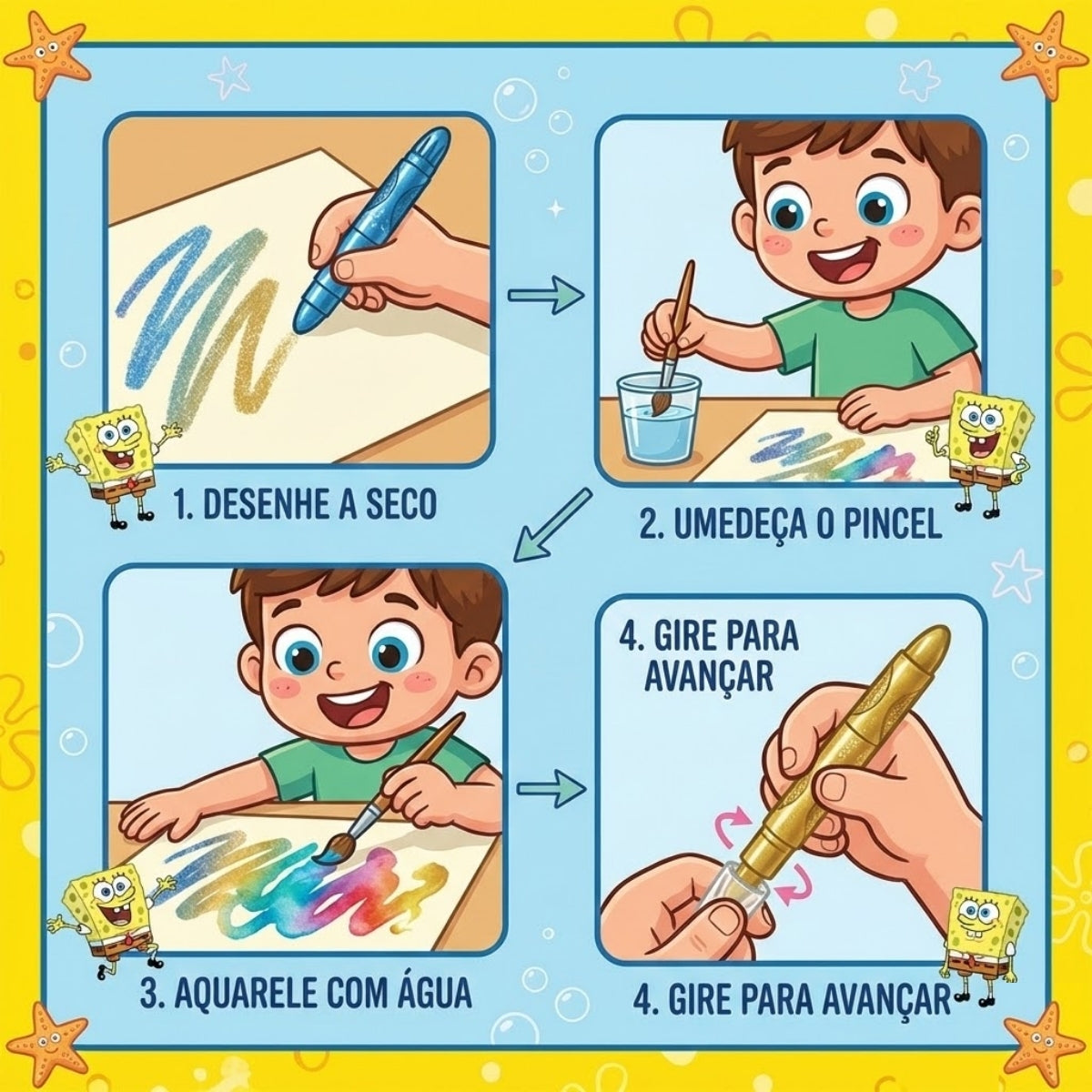 Giz de Cera Retrátil Aquarela Metálica com 6 Cores - Bob Esponja Dac - 4727