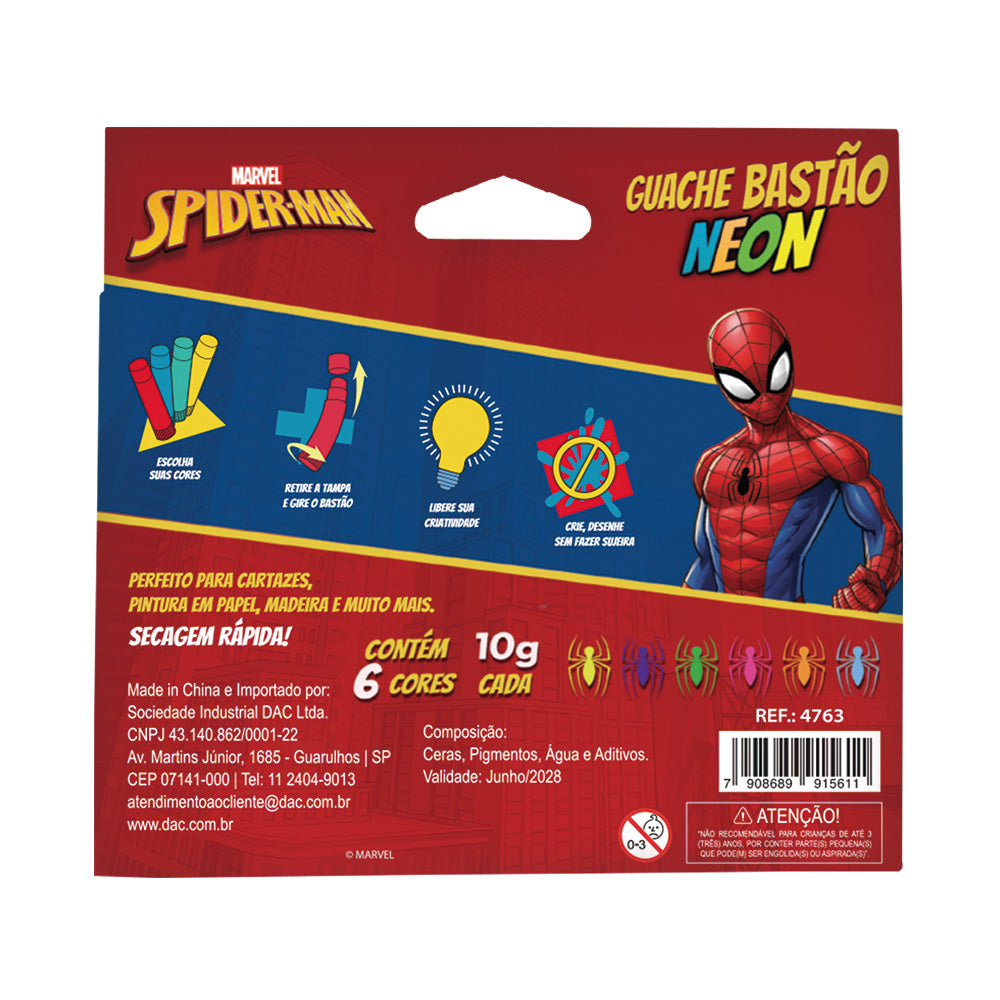 Guache Bastão Neon com 6 Cores - Homem Aranha Dac - 4763