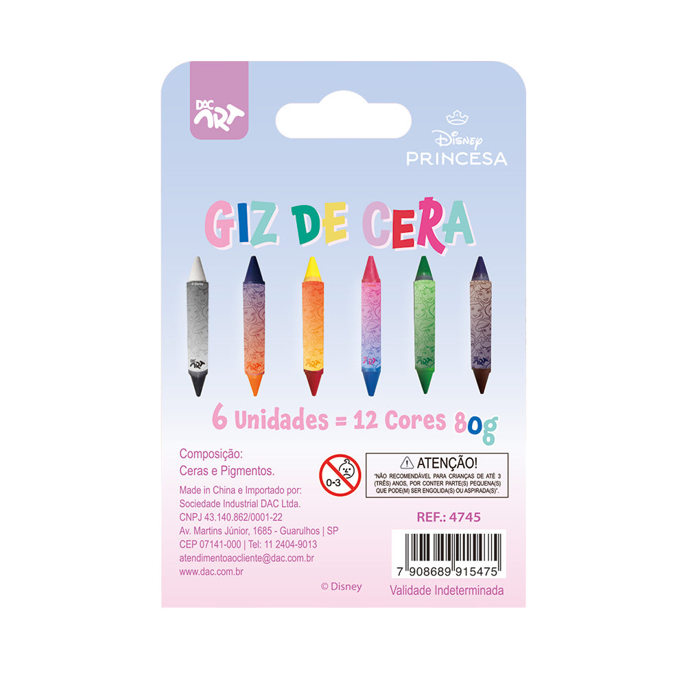 Giz de Cera Ponta Dupla com 12 Cores - Princesas Dac - 4745