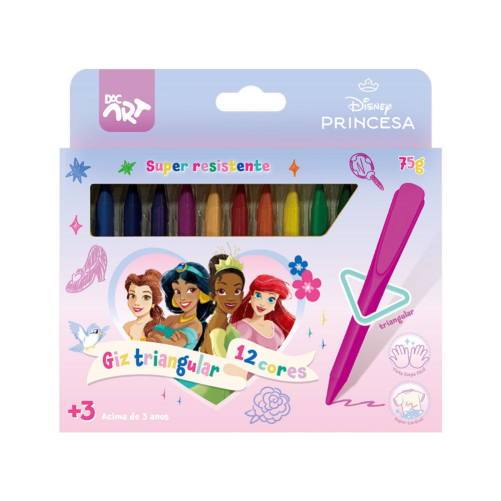 Giz de Cera Triangular com 12 Cores - Princesas Dac - 4741