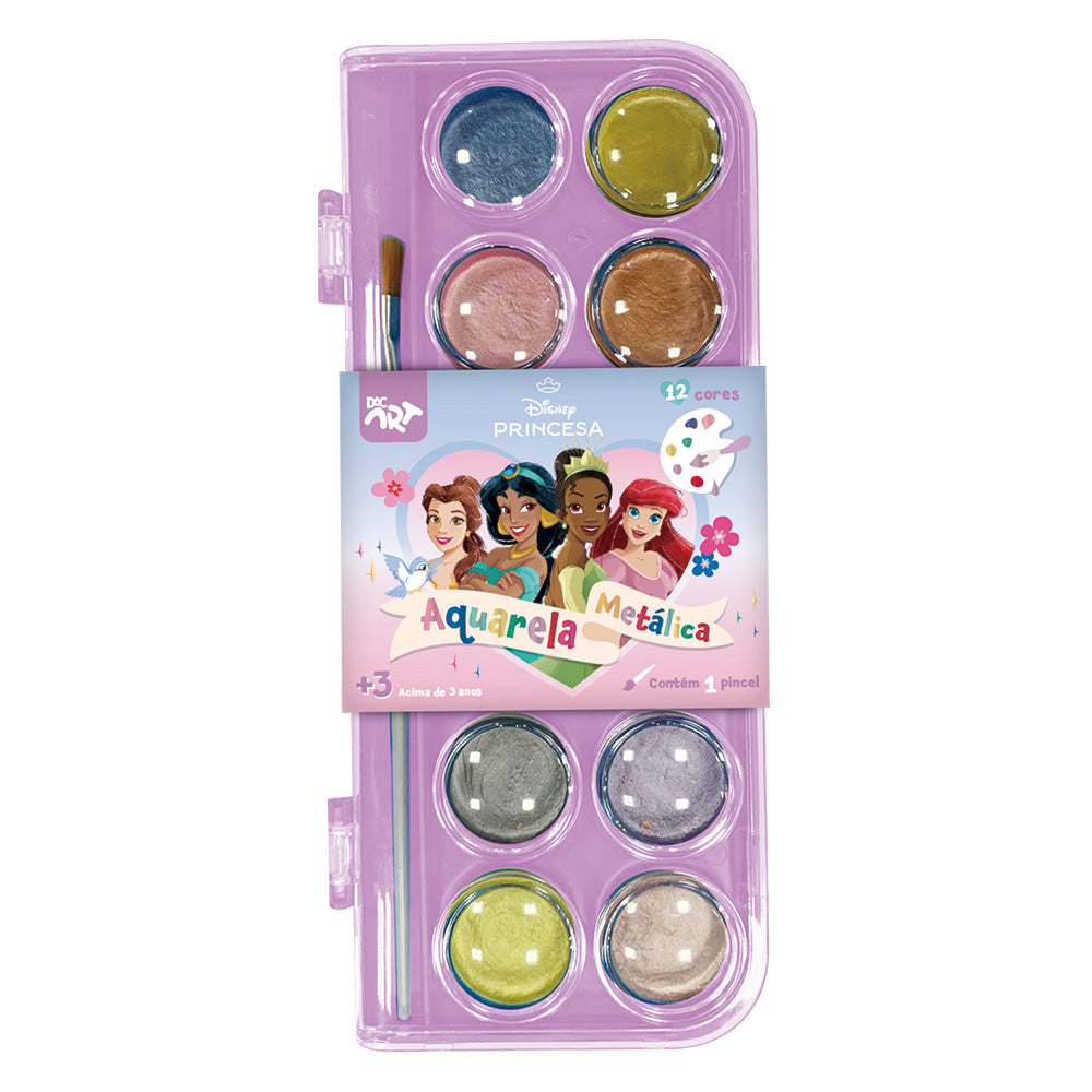 Paleta de Tinta Aquarela Metálica com 12 Cores - Princesas Dac - 4721