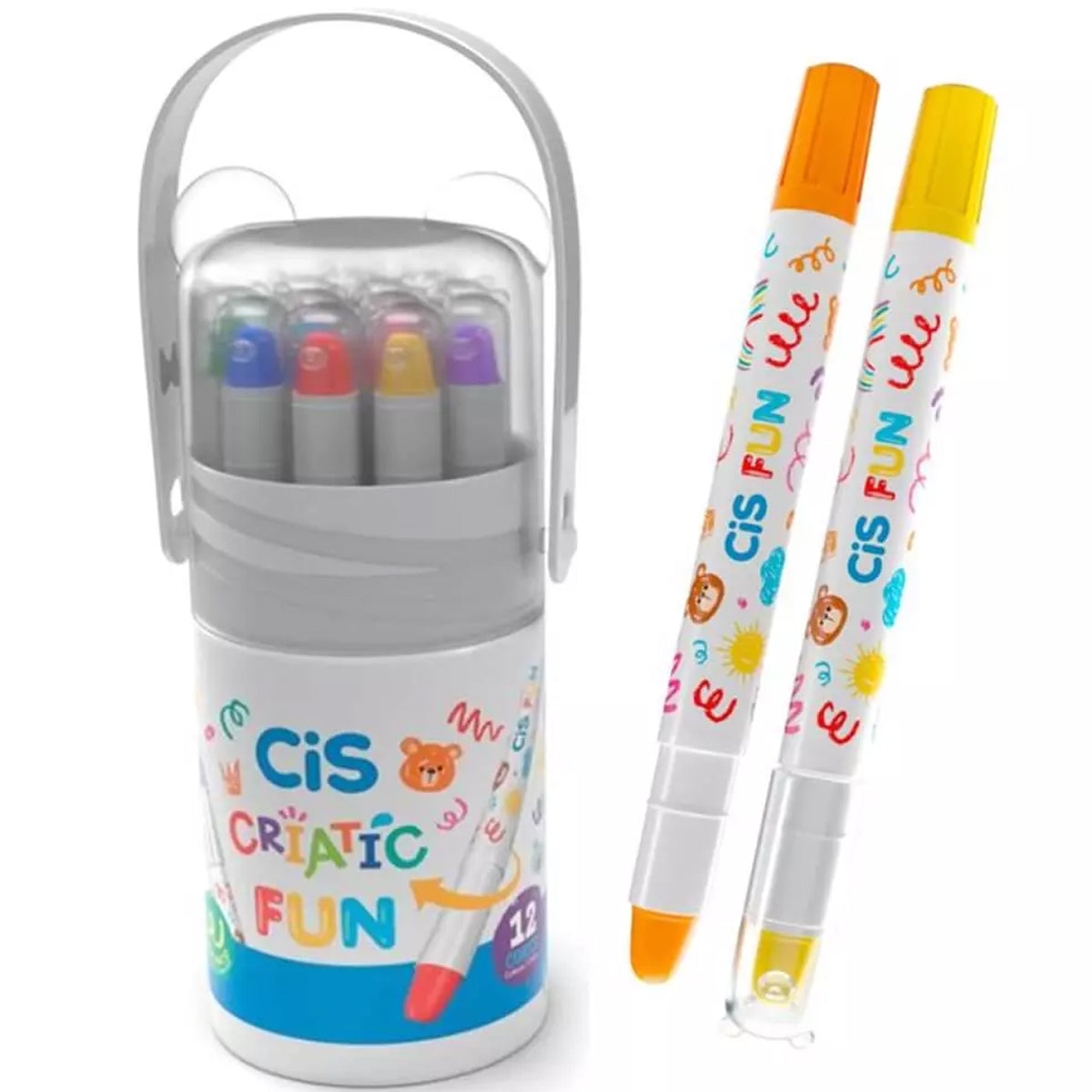 Estojo de Giz de Cera Criatic Fun Retratil Lavavel com 12 Cores - Cis