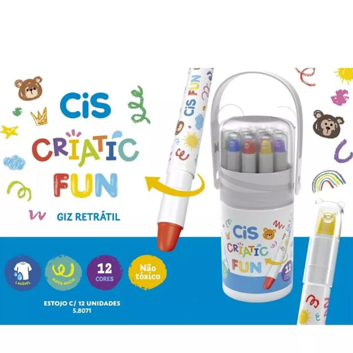 Estojo de Giz de Cera Criatic Fun Retratil Lavavel com 12 Cores - Cis