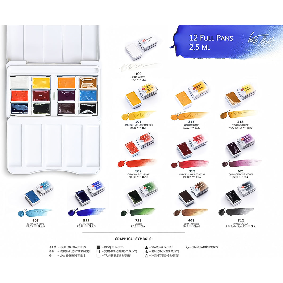 Estojo Aquarela Nevskaya Palitra White Nights Pastilha International Watercolor Society com 12 Unidades